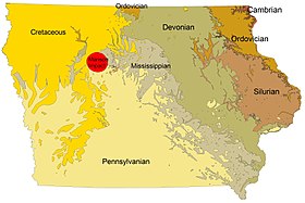 De locatie van de Manson-inslagkrater in rood weergegeven op de gesteentekaart van Iowa