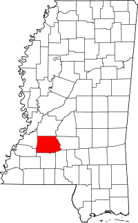 Map of Misisipi highlighting Copiah County