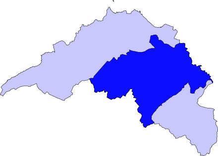 Map contrasting the area comprising Midlothian council (dark blue) within the historic county of Midlothian (light blue).