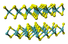 MoS2, the most common metal dichalcogenide, adopts a layered structure. Molybdenite-3D-balls.png