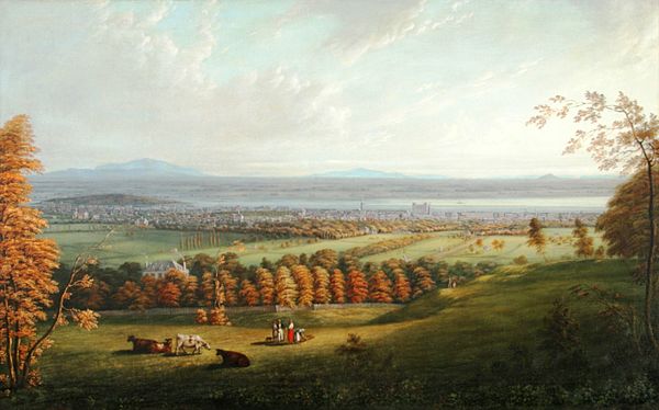 This view of Montreal from the mountain in 1831 is thought to show Chateau Saint-Antoine within the trees