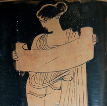 Muusa lukee kirjakääröä. Yksityiskohta Klügmann-maalarin maalaamasta lekyytistä, n. 435–425 eaa.