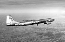 The NB-36H in flight. Note the 2 pods; each was mounted near the wingtips of the aircraft and both carried two GE J47 jet engines each.