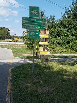 National Blue Trail and Bike Trail crossing, directional signs, Keszthely, 2016 Hungary.jpg
