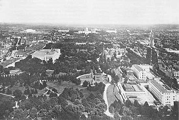 Construction of the two wings of the Department of Agriculture building (shown nearing completion in 1908, lower right) was a significant test of the McMillan Plan. National Mall circa 1908 - Washington DC.jpg