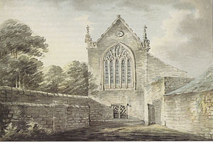 The 14th-century Nutwell Chapel. Watercolour of east window by Rev. John Swete (d.1821) made before 1799 when it was incorporated into the present neo-classical Nutwell Court NutwellChapelDevonBySwete.jpg
