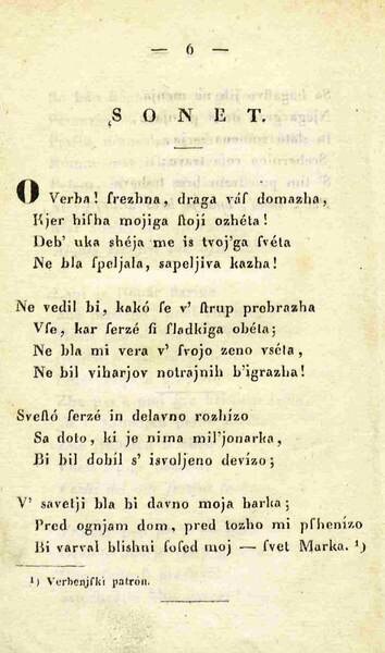 O Vrba, the first of the Sonnets of Misfortune, published in 1834 in the 4th volume of Krajnska čbelica