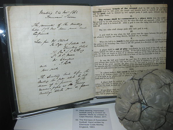 An early draft of the original hand-written 'Laws of the Game' drawn up on behalf of The Football Association by Ebenezer Cobb Morley in 1863 on displ