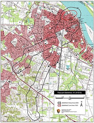 Map of Paducah Battlefield core and study areas by the American Battlefield Protection Program. Paducah Battlefield Kentucky.jpg