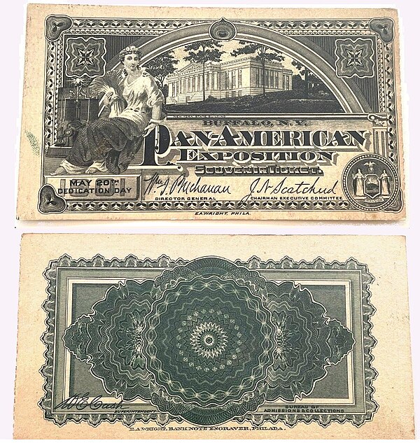 Pan American Exposition ticket, front and back Tickets cost: US$0.50 ($18.00 in 2023 dollars).