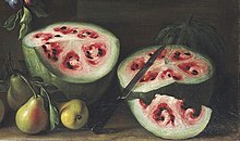 Watermelon (an old cultivar) as depicted in a 17th-century painting, oil on canvas, by Giovanni Stanchi Pasteques, extrait d'un tableau de Giovanni Stanchi.jpeg