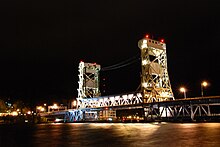 This is a shot of the Portage Lake Lift Bridge that connects the cities of Hancock and Houghton in Michigan