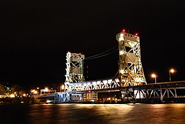 The Portage Lake Lift Bridge at night