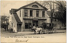 Post office and stage coach, 1907 postcard PostcardPO&StageCoachFarmingtonCT1906.jpg