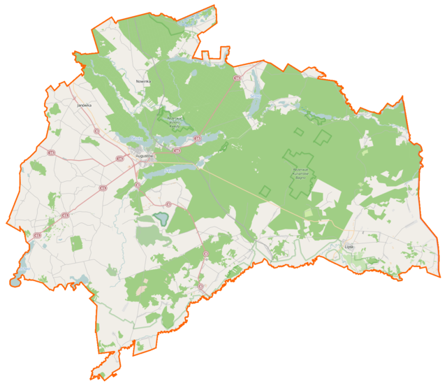 Mapa konturowa powiatu augustowskiego, blisko centrum na lewo znajduje się punkt z opisem „Bazylika Najświętszego Serca Pana Jezusa”