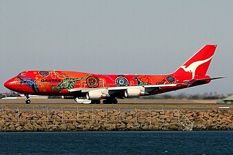 A Boeing 747-400ER in 2006 wearing the Wunala Dreaming livery. From 2003 to 2012, it was the second aircraft to carry the colour scheme.