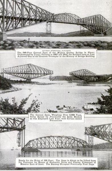 Lifting the centre span in place was considered to be a major engineering achievement. Photo caption from Popular Mechanics magazine, December 1917