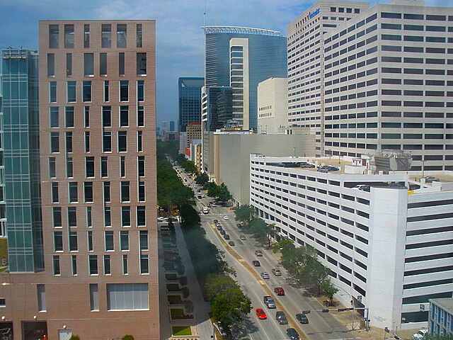 Main Street within the Texas Medical Center, viewed from the Baylor College of Medicine (toward Downtown Houston). On the left is BioScience Research 