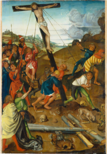 Central panel of a triptych by the Master of the Stotteritz Altar, circa 1500 Raising of the Cross (Centre Panel of the Triptych) (SM sg448b).png