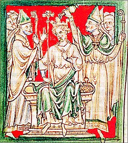 Richard I the Lionheart being anointed during his coronation in Westminster Abbey in 1189, from a 13th-century chronicle. Any time before the accession of Richard I is considered "time immemorial" in English law. Richard Lowenhez, Salbung zum Konig.jpg