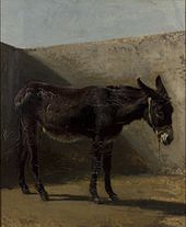Schilderij van een bruine ezel naar rechts gedraaid.