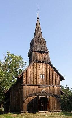 Ruhnu stave church, built in 1644, is the oldest surviving wooden building in Estonia Ruhnu puukirik.jpg