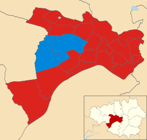 Map of the results of the 2015 Salford council election. Labour in red and Conservatives in blue. Salford UK local election 2012 map.svg