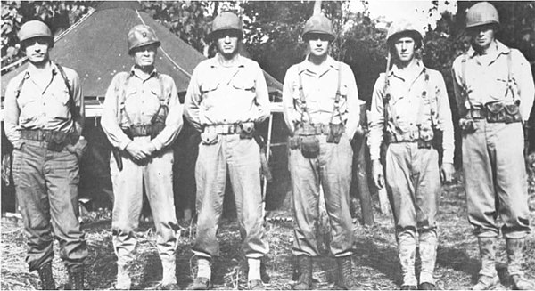 Senior officers of 7th Marines at New Britain, January 1944. From left to right: LTC Conoley (C.O., 2nd Battalion), LTC Chesty Puller (Regimental X.O.