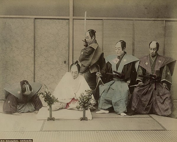 Staged seppuku with ritual attire and kaishaku, 1897