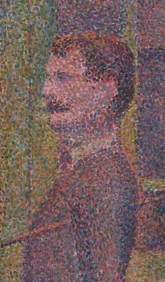 Detail from Seurat's Parade de cirque, 1889, showing the contrasting dots of paint which define Pointillism