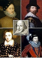 Portraits of Shakespeare and four proposed alternative authors.