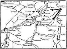 Mappa che mostra la vicinanza di Liegi e della sua cintura di forti alla Germania.