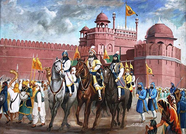 Baghel Singh, Jassa Singh Ahluwalia, and Jassa Singh Ramgharia marching through Delhi next to the Red fort.