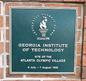 Logo of the Atlanta Olympics, with "Georgia Institute of Technology", "Site of the Atlanta Olympic Village", "6 July – 7 August 1996" written underneath