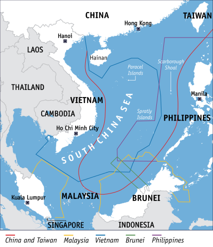 Ansprüche im Südchinesischen Meer; das Gebiet der Spratly-Inseln ist separat markiert