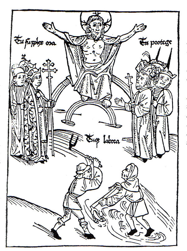 Representation of the Three Estates under the lordship of Jesus Christ. They are labeled Tu supplex ora (you pray), Tu protege (you protect), Tuque la