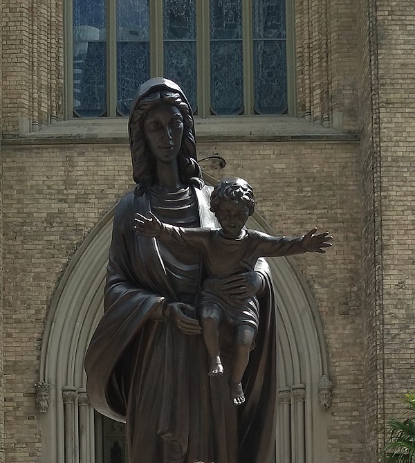 Statue of Mary and Christ child outside St. Michael's Cathedral in Toronto