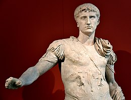 Statue of a Julio-Claudian prince. Head probably depicts Gaius Caesar, made 5 BCE-14 CE. Torso of a general made 69-90 CE. Altes Museum in Berlin.jpg