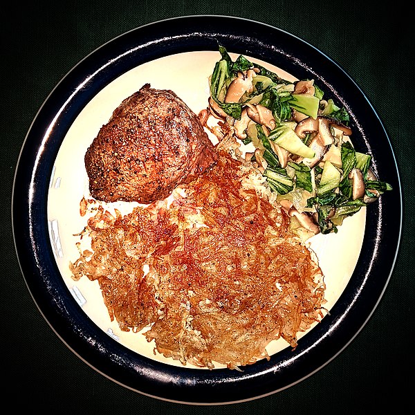 File:Steak, bakchoy with shiitake and trumpet mushrooms, and potato pancake - Massachusetts.jpg