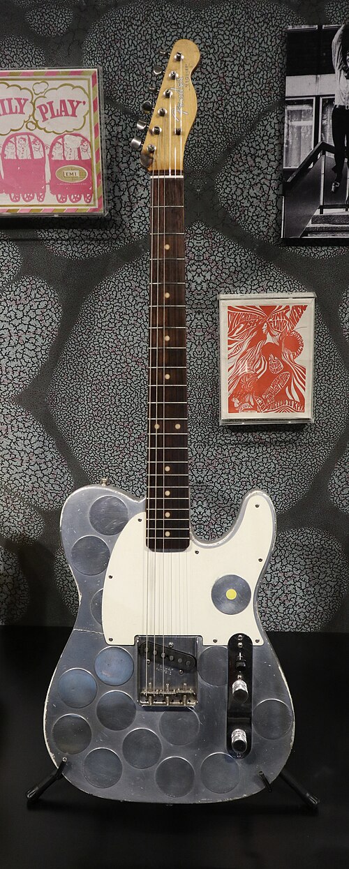Syd Barrett's light gray "Mirrored" Fender Esquire at the Pink Floyd: Their Mortal Remains exhibition in Toronto.