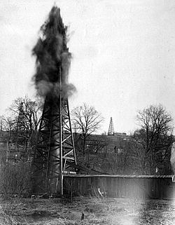 An oil derrick in Taylorstown, c. 1903. Taylorstown, PA derrick 1903.jpg