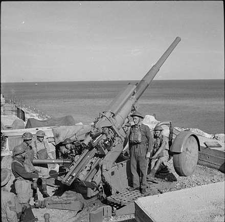Mobile 3.7-inch HAA gun deployed at White Rock Battery, November 1941. The British Army on Gibraltar 1941 GM93.jpg