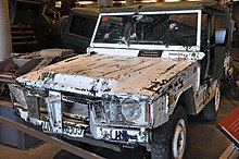 An Iltis light utility vehicle on display at the Canadian War Museum. The vehicle was used by Canadian peacekeepers in the former Yugoslavia, and was damaged after it was fired on by Serb forces. The Iltis LUV had been shot multiple times! (24748023122).jpg