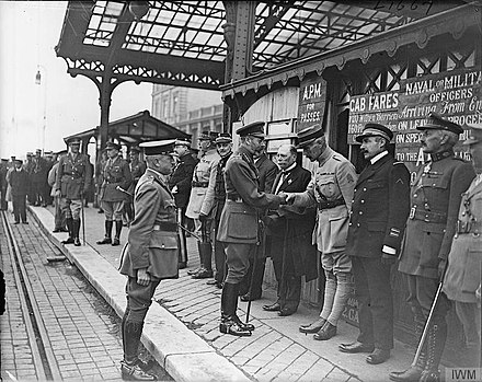 George V of the United Kingdom meets French and Belgian officers in Calais in 1918