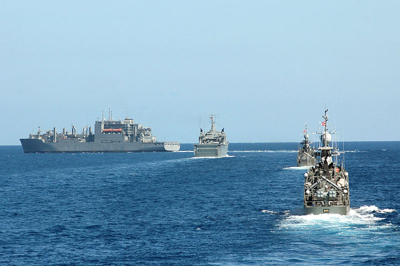 File:The dry cargo and ammunition ship USNS Washington Chambers (T-AKE 11), left, leads a formation of ships, including the Royal Thai Navy amphibious dock landing ship HTMS Angthong (LPD 791), center, and the Royal 130608-N-AX577-105.jpg