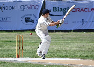 Tim Irwin of the NVCC Australia - America plays a shot off his legs on his way to an innings of 53 runs off 39 balls
