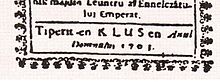 Romanian inscription of a religious book: "Tiperit en Klus en Anul Domnului 1703" (Translation: "Printed in Klus in the year of our Lord 1703"). Tiperit en Klus.JPG