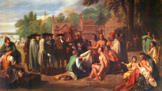 Detail from a painting by American artist Benjamin West (1738-1820), which depicts William Penn’s treaty with the Native Americans living where he founded the colony of Pennsylvania as a haven for Quakers and others seeking religious freedom. Penn’s fair treatment of the Delaware Indians led to long-term, friendly relations, unlike the conflicts between European settlers and Indian tribes in other colonies.