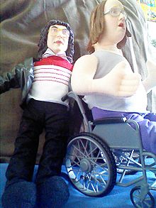 Two 2005 talking Little Britain dolls of the characters "Lou and Andy". Two little Britain dolls of the characters Lou and Andy- 2014-07-23 10-42.jpg