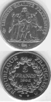Revers et avers de la pièce de 5 francs de 1996 en nickel.